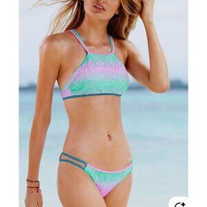 Victorias Secret High Neck Halter Bikini Set M Ombre Lace Pink & Blue With Strap
